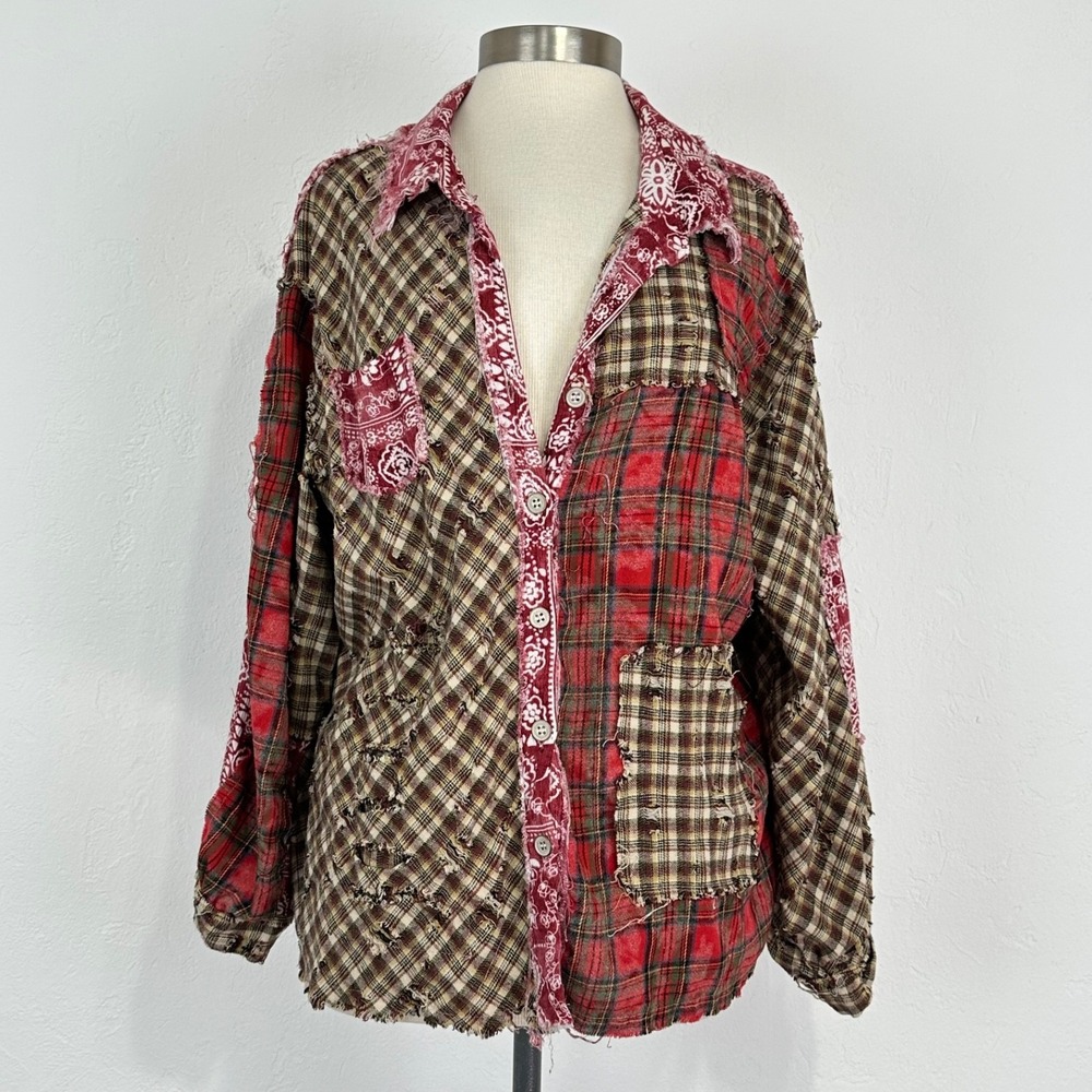 Western Boho Plaid Patchwork Top Small Distressed Oversized Long Sleeve Button